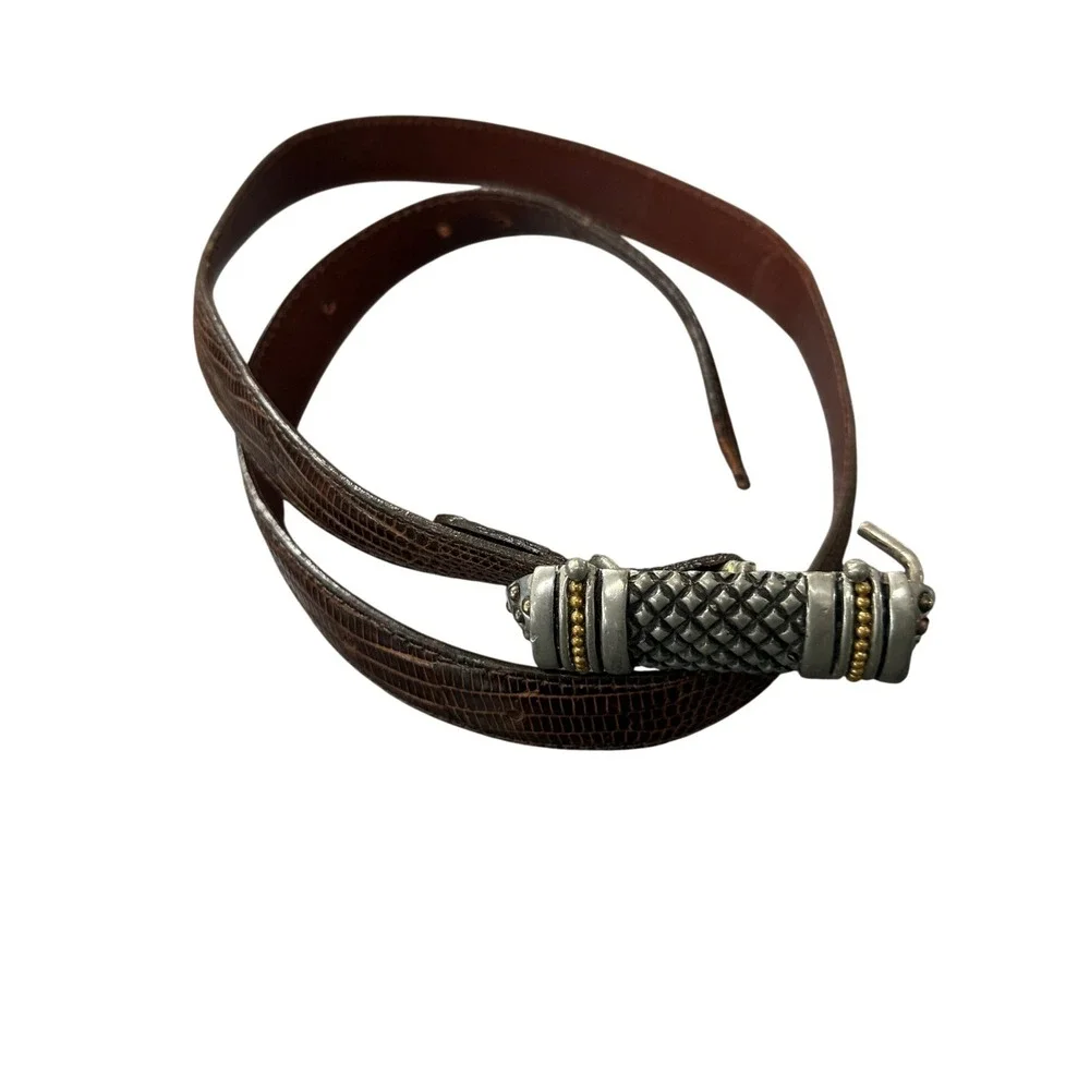 Brighton Lizard Embossed Belt Womens 34 Brown Good Ornate Silver Gold Buckle